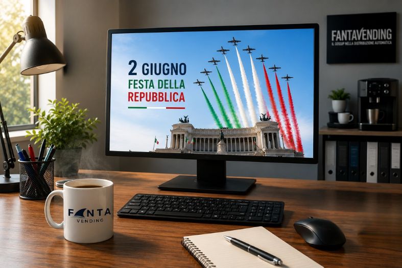 Postazione di lavoro Fantavending con tazza di caffè e monitor dedicato alla Festa della Repubblica del 2 giugno