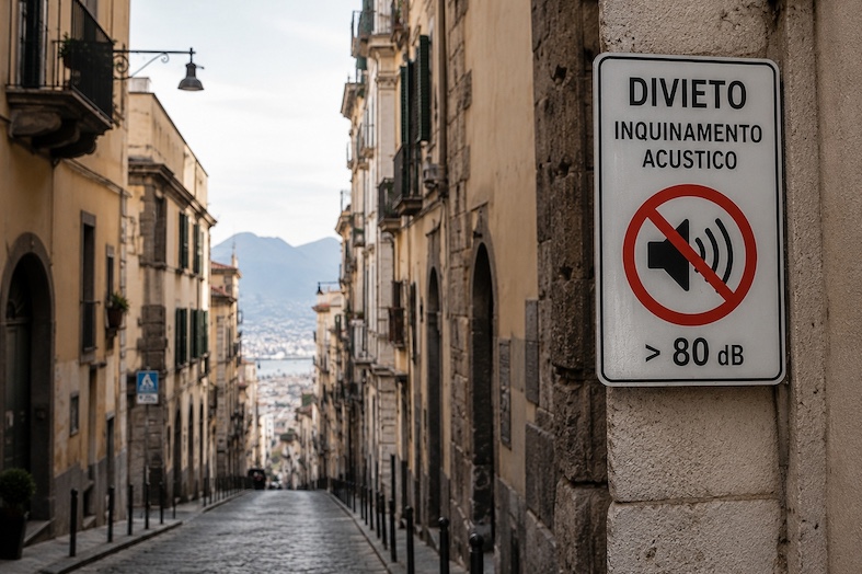 Via del centro storico di Napoli con cartello contro l'inquinamento acustico e limite di rumore oltre 80 decibel
