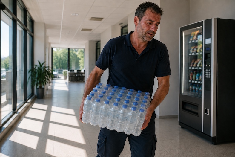 Addetto vending trasporta acqua in un ufficio quasi vuoto durante un’ondata di caldo