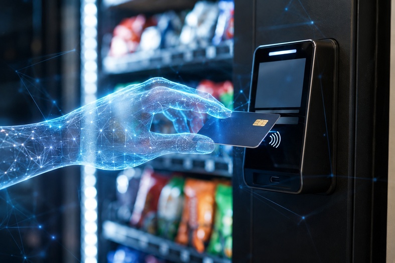 mano virtuale controllata dall’intelligenza artificiale prova un pagamento cashless su un distributore automatico
