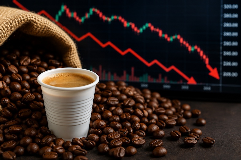 Bicchiere di caffè del vending davanti a chicchi di arabica con andamento delle quotazioni in calo