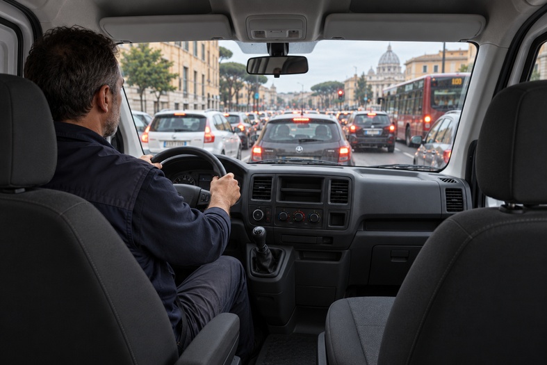 Addetto vending alla guida del furgone fermo nel traffico cittadino