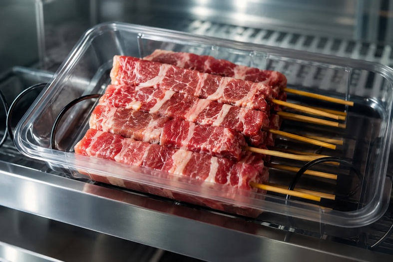 Vaschetta di arrosticini confezionati all’interno di un distributore automatico refrigerato