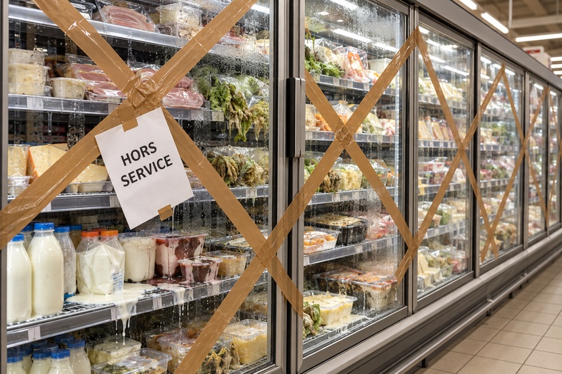 Immagine realizzata con AI di vetrine frigorifere di un supermercato chiuse con nastro adesivo, con alimenti deteriorati e cartello fuori servizio.