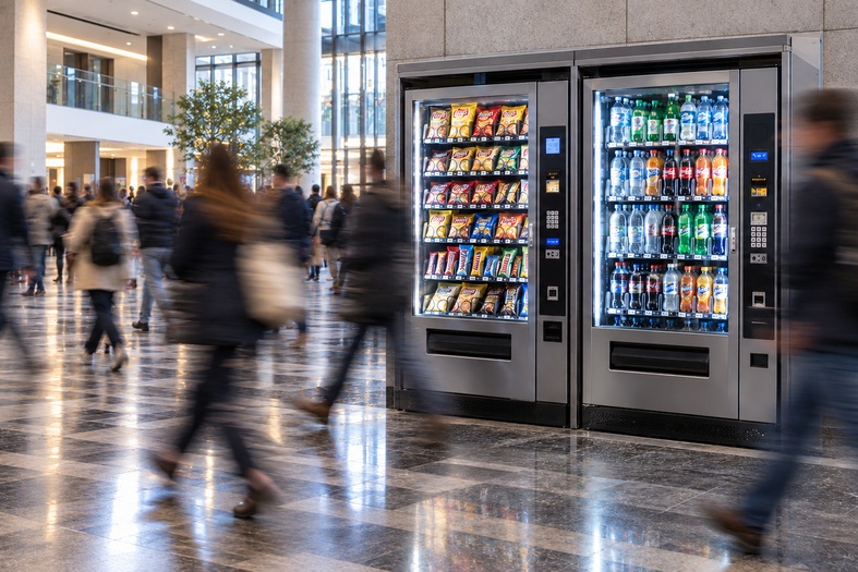 Flusso di persone con scie di movimento attraversa un atrio senza fermarsi davanti ai distributori automatici di snack e bevande.