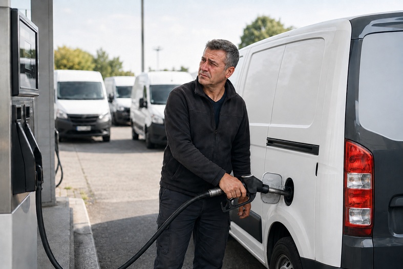 Gestore vending in lacrime mentre rifornisce di gasolio il proprio furgone aziendale.