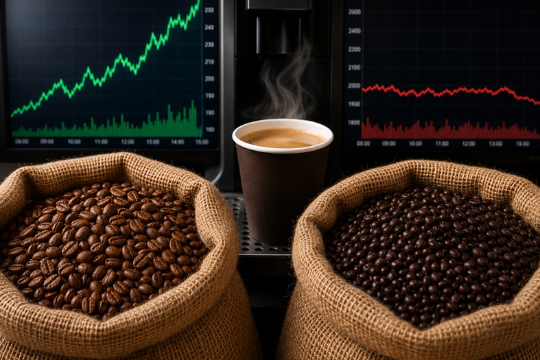 Caffè Arabica e Robusta a confronto con andamento dei prezzi sui mercati e bicchiere vending