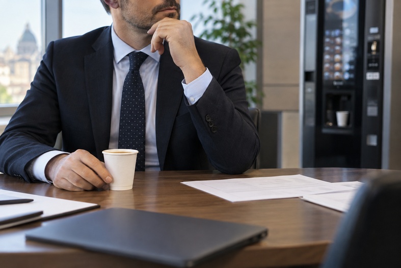 Manager riflette davanti a un caffè con un distributore automatico sullo sfondo