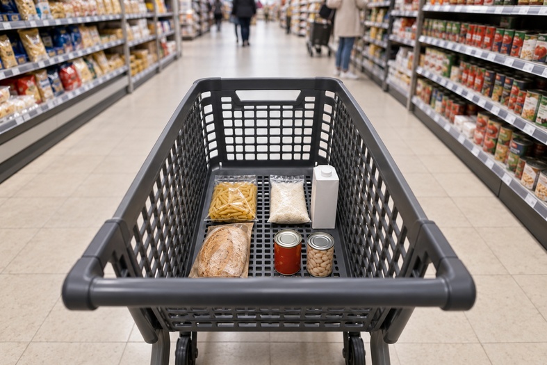 Carrello del supermercato quasi vuoto con pochi alimenti essenziali, simbolo del calo dei consumi che incide anche sul vending.