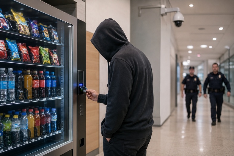 Uomo incappucciato utilizza una carta al distributore automatico mentre viene ripreso dalla videosorveglianza e si avvicinano due agenti