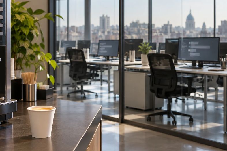Bicchiere di caffè intatto accanto a un distributore automatico, con postazioni vuote e monitor accesi in un ufficio sullo sfondo.