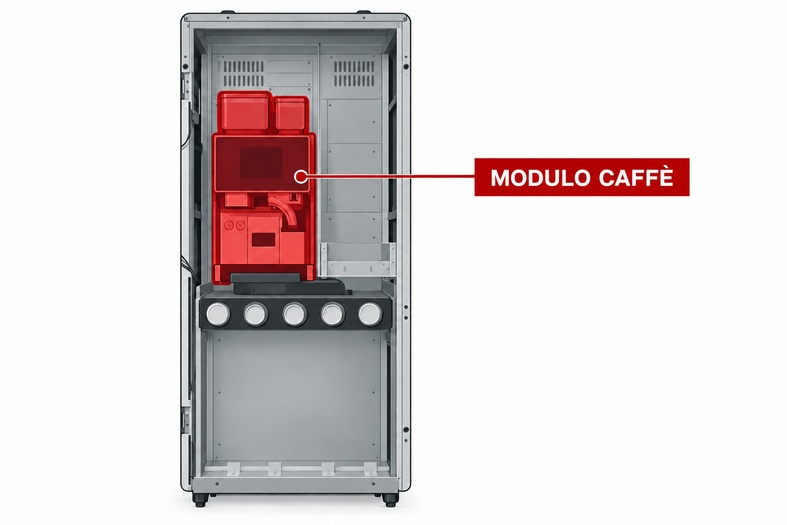 Rielaborazione grafica dell’ingombro del modulo caffè all’interno del cassone della Coffee Essence