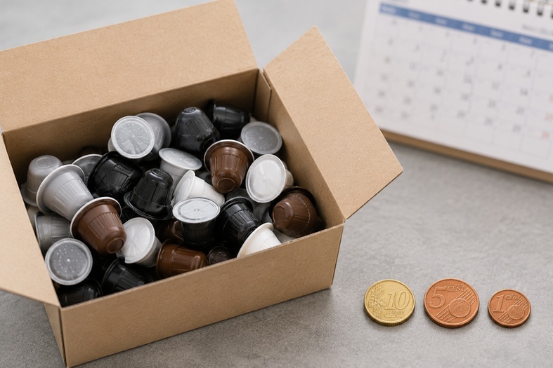 Scatola di capsule di caffè in plastica con 16 centesimi, costo del contributo CONAI dal 12 agosto 2026