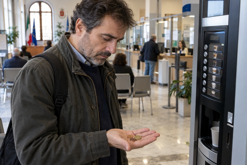 Consumatore pensieroso osserva pochi spiccioli nella mano davanti a un distributore automatico di caffè in un ufficio comunale aperto al pubblico.