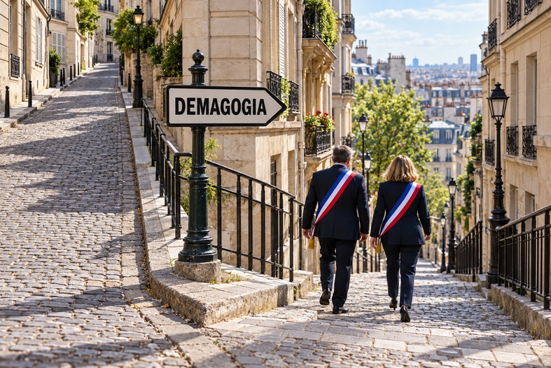 Due politici francesi di spalle imboccano una strada urbana in discesa indicata dal cartello “DEMAGOGIA”, simbolo della proposta di vietare gli energy drink nel vending.