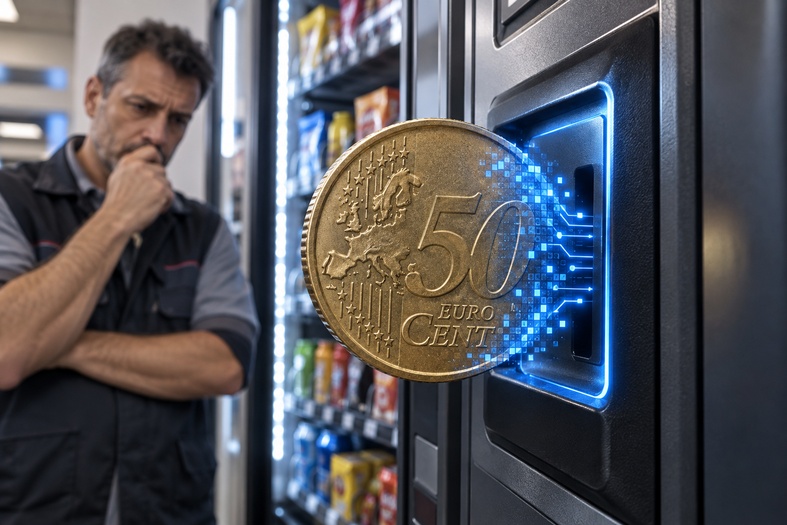 Moneta da 50 centesimi che si trasforma in pagamento digitale davanti a un distributore automatico
