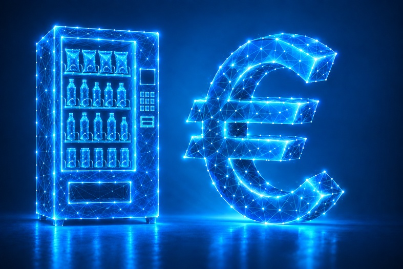 Distributore automatico e simbolo dell’euro digitale realizzati con una rete di connessioni e punti luminosi blu.