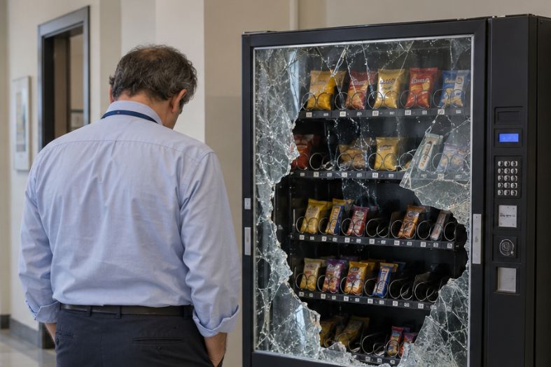 Funzionario dell’Agenzia delle Entrate ripreso di spalle davanti a un distributore automatico di snack con il vetro infranto dopo un furto, in una scena realizzata con AI.