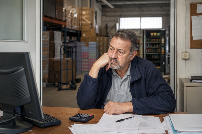 Gestore vending preoccupato nel suo ufficio all’interno del magazzino.