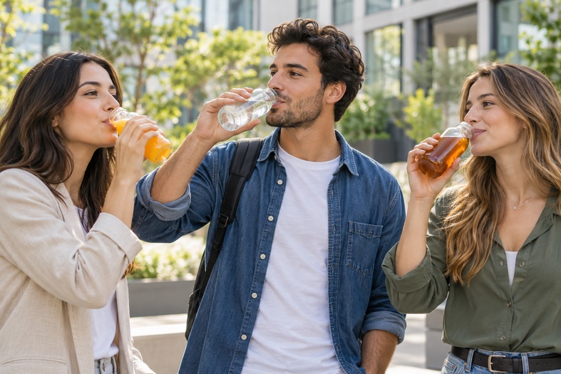 Tre giovani bevono acqua, succo d’arancia e tè freddo durante una pausa all’aperto.