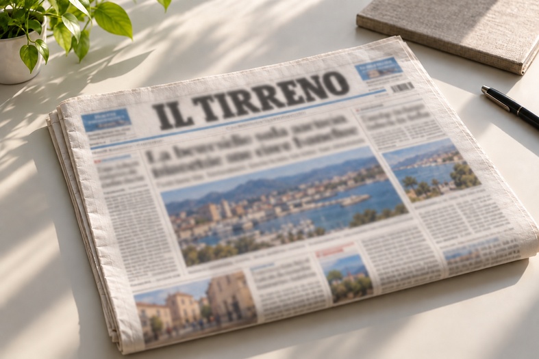 Quotidiano Il Tirreno ripiegato su una scrivania, con la prima pagina sfocata.