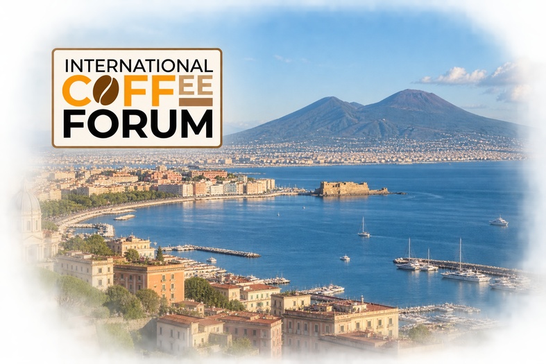 Logo dell’International Coffee Forum 2026 su una veduta panoramica di Napoli, del Golfo e del Vesuvio.