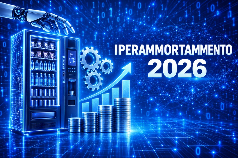 Grafica sull’iperammortamento 2026 applicato agli investimenti in nuovi distributori automatici