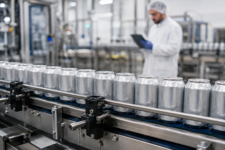 Lattine da 33 cl su una linea di produzione controllata da un tecnico, dopo lo stop europeo al bisfenolo A.