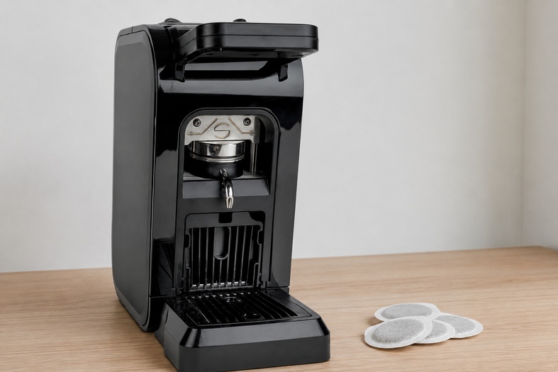Macchina da caffè per cialde in carta con poche cialde rimaste in ufficio