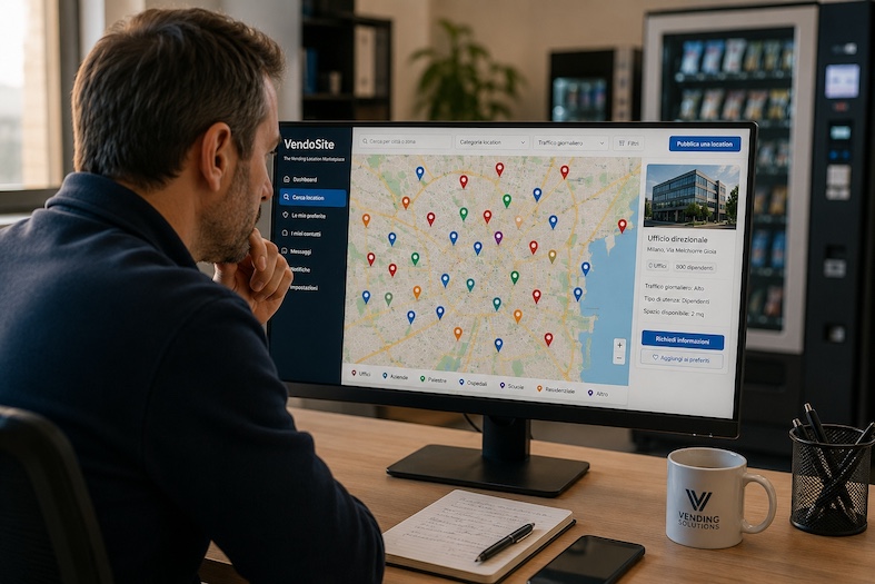 Gestore vending che osserva una mappa cittadina con bandierine colorate per individuare nuove postazioni