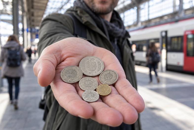 Mano di un cliente con monete in franchi svizzeri in una stazione, simbolo del calo delle vendite dei distributori senza contante.