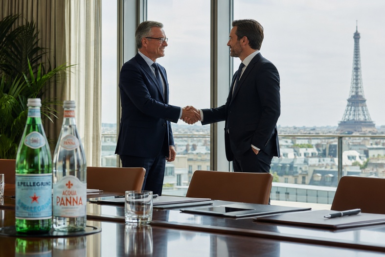 Accordo tra Nestlé e Platinum Equity per la joint venture Peranel, con bottiglie S.Pellegrino e Acqua Panna e la Torre Eiffel sullo sfondo.