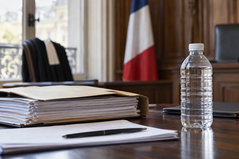 Fascicolo giudiziario e bottiglia d’acqua per la vicenda Nestlé Waters in Francia