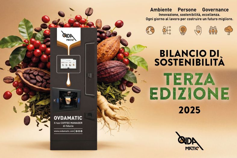 Terza edizione del Bilancio di Sostenibilità 2025 di Ovdamatic, con un distributore automatico e i richiami ad ambiente, persone e governance.
