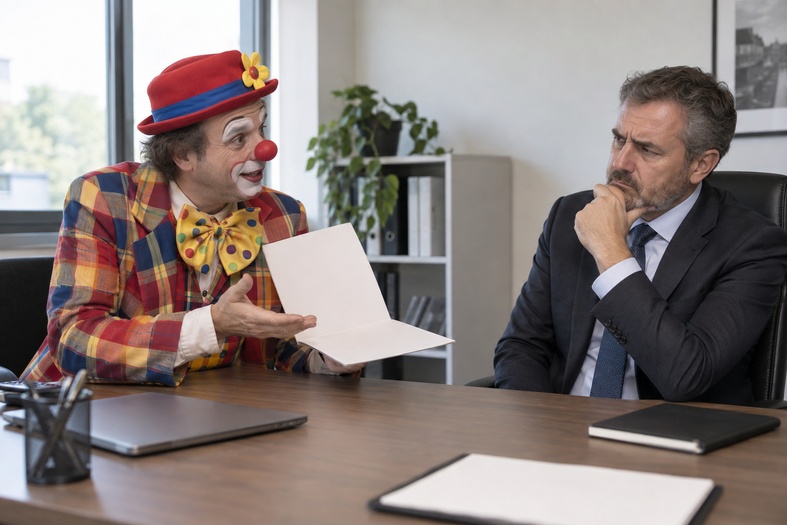 Pagliaccio seduto nell’ufficio di un cliente mentre presenta la propria offerta commerciale.