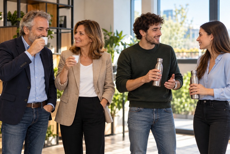 Quattro colleghi in piedi nell’area break: due cinquantenni bevono caffè da bicchierini di plastica da vending, mentre due giovani tengono borracce in alluminio.