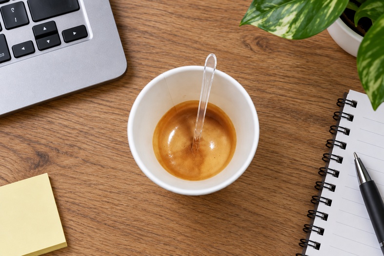 Bicchiere di caffè da distributore automatico con paletta di plastica trasparente su una scrivania.