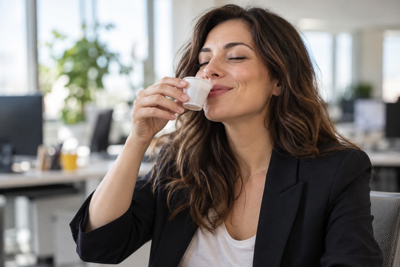 Donna in ufficio beve soddisfatta un caffè da un piccolo bicchierino bianco da vending, con l’ufficio sfumato sullo sfondo.