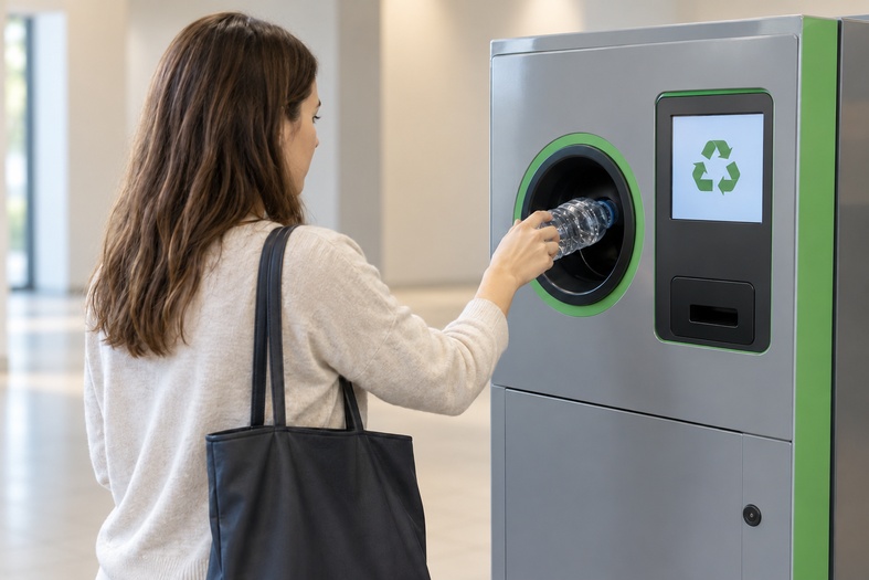 Una donna inserisce una bottiglia di plastica in un reverse vending, in un ambiente interno neutro.