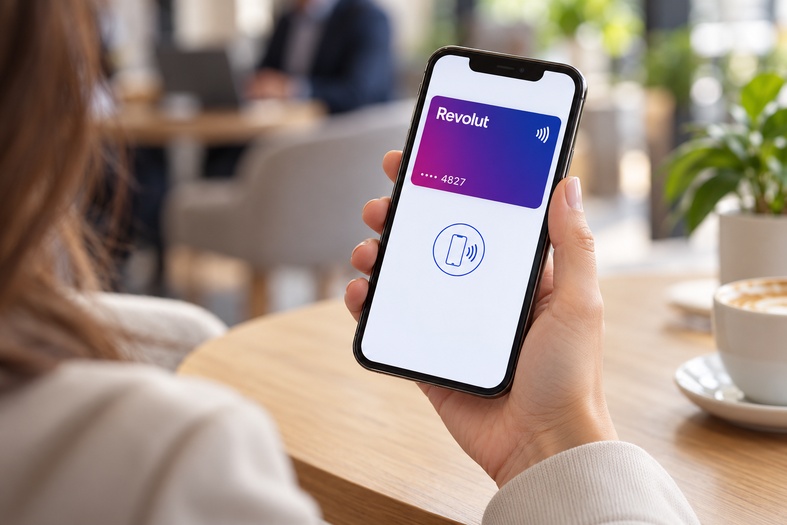 Mano femminile con smartphone che mostra una carta digitale Revolut, immagine illustrativa per la notizia sui disservizi nei pagamenti e le conseguenze per il vending.