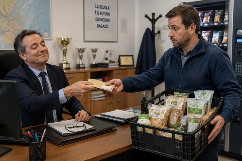 Gestore vending consegna il ristoro al dirigente scolastico con prodotti salutari rimasti da vendere