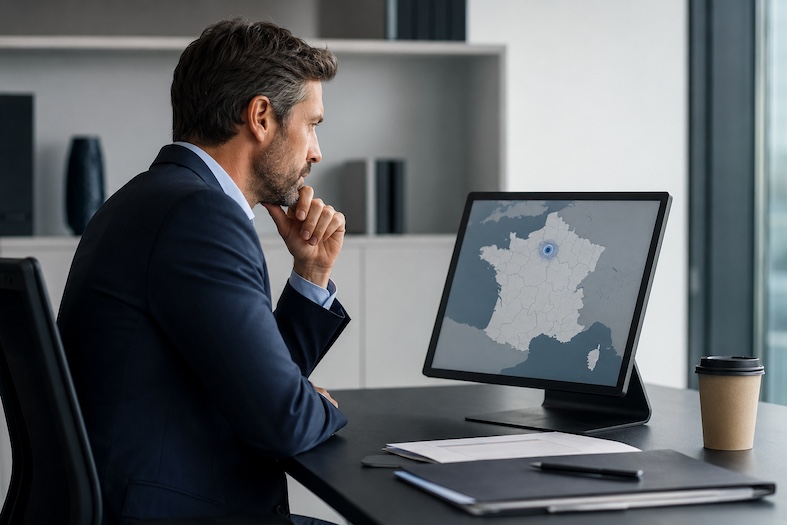Manager osserva una mappa della Francia durante una valutazione strategica nel mercato del vending