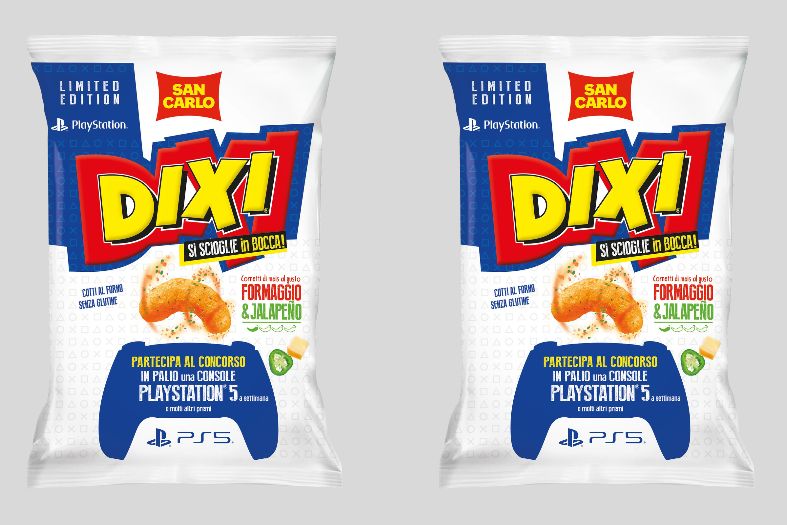 Confezione San Carlo Dixi Formaggio&Jalapeño in edizione limitata PlayStation, con il concorso PS5 in evidenza.