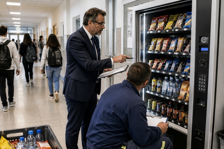 Dirigente scolastico e gestore controllano l'offerta di un distributore automatico in una scuola del Veneto