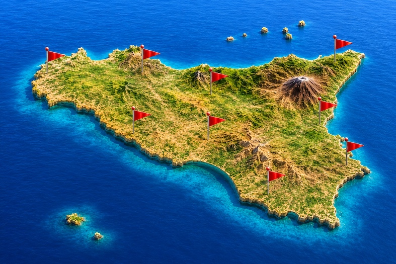 Mappa della Sicilia con bandierine rosse nelle principali aree operative