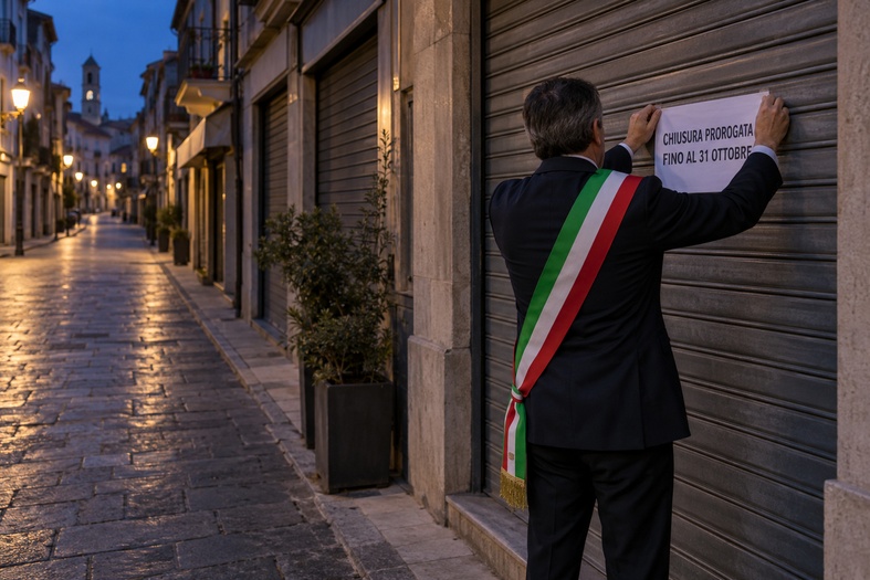 Sindaco di spalle con fascia tricolore affigge su una serranda il cartello “Chiusura prorogata fino al 31 ottobre”