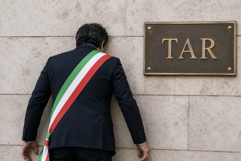 Sindaco con fascia tricolore fermato dal TAR davanti a un muro