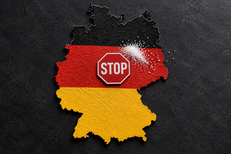 Mappa della Germania nei colori della bandiera tedesca con un cartello di stop e una piccola quantità di zucchero.