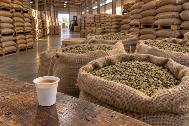 Magazzino pieno di sacchi di caffè verde con bicchiere di espresso vending in primo piano.