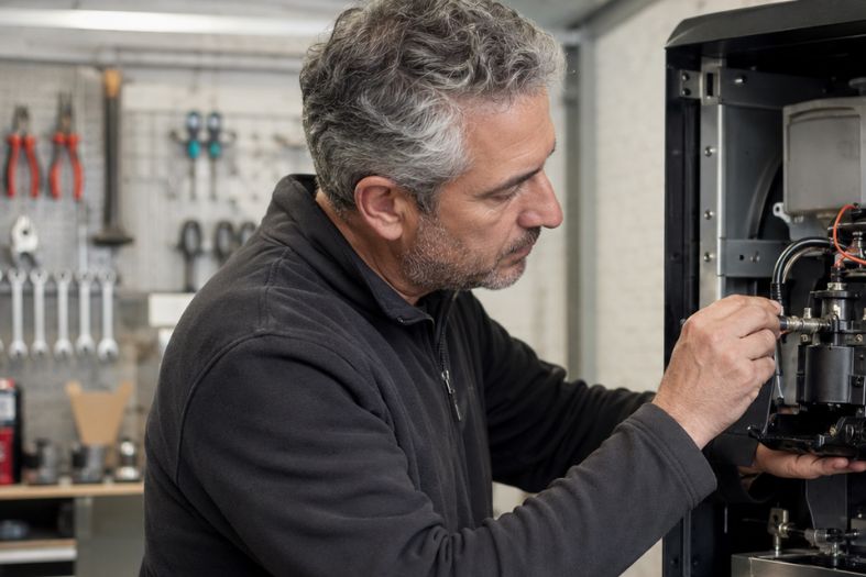 Tecnico vending in officina mentre regola una macchina da caffè automatica aperta